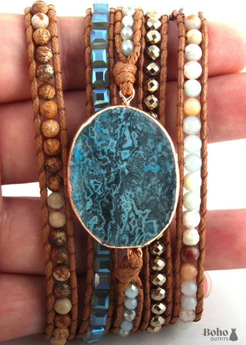 Boho Bracelet, RH 5 Layers Leather Wrap Bracelet, Natural Stones, Blue Ocean